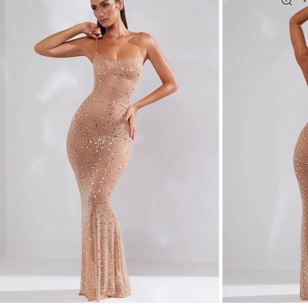 ANTONELLA
Sheer Embellished Scoop Neck Evening Gown in Almond